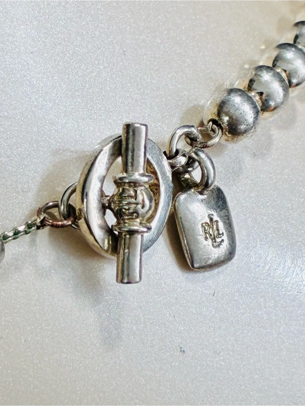 VTG Lauren Ralph Lauren Silver Plated Classic Beaded Toggle Necklace Signed 82g